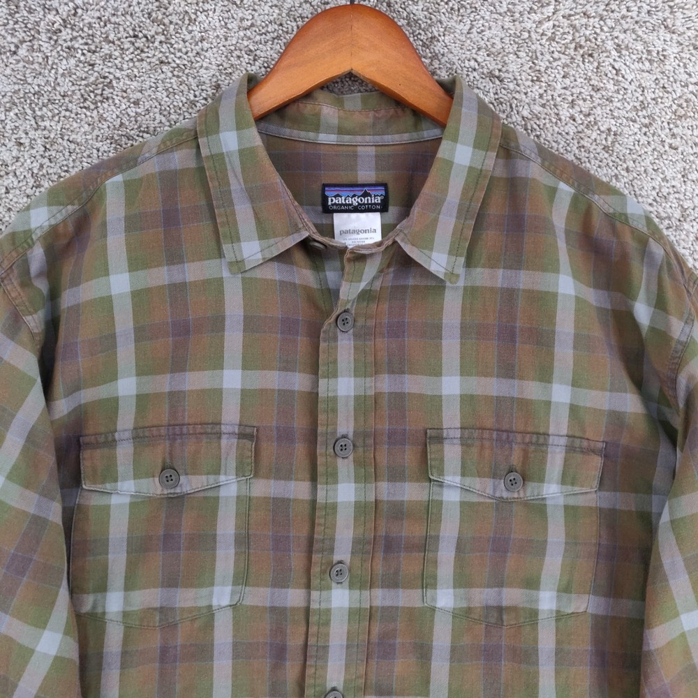 Patagonia Fjord Lightweight Flannel Shirt Mens Large Green Plaid Long Sleeve - Picture 1 of 15
